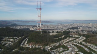 DFKSF06_076 - 5K aerial stock footage fly away from iconic Sutro Tower, with a view across San Francisco, California
