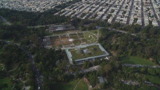 DFKSF06_080 - 5K aerial stock footage of flying over museums and Music Concourse in Golden Gate Park, San Francisco, California