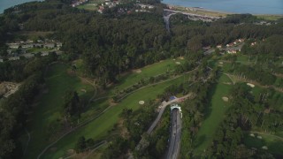 DFKSF06_083 - 5K aerial stock footage fly over highway, MacArthur Tunnel and The Presidio Golf Course, San Francisco, California