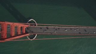 DFKSF06_087 - 5K aerial stock footage of a bird's eye view of traffic on the famous Golden Gate Bridge, San Francisco, California