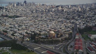 DFKSF06_165 - 5K stock footage aerial video pan from Palace of Fine Arts to Downtown San Francisco skyline, California