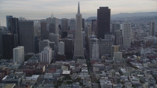 DFKSF06_171 - 5K aerial stock footage of iconic Transamerica Pyramid skyscraper in Downtown San Francisco, California