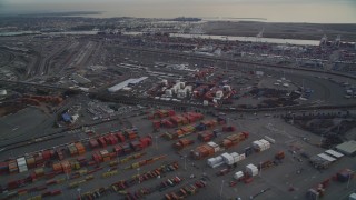 DFKSF06_187 - 5K aerial stock footage of rows of shipping containers at the Port of Oakland, California