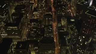 DFKSF07_013 - 5K stock footage aerial video of flying over Pine Street through Downtown San Francisco, California, night