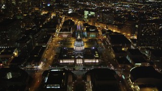 DFKSF07_052 - 5K aerial stock footage of approaching San Francisco City Hall, Civic Center, San Francisco, California