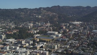 DFKSF08_004 - 5K aerial stock footage of approaching Sather Tower and University of California Berkeley, Berkeley, California