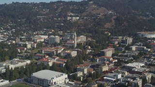 DFKSF08_005 - 5K aerial stock footage of an approach to Sather Tower at the University of California Berkeley, California