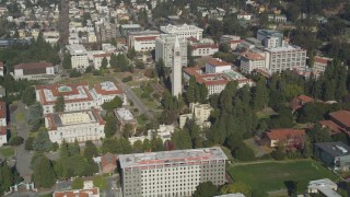 DFKSF08_006 - 5K aerial stock footage of flying by the Sather Tower at University of California Berkeley, Berkeley, California