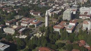 DFKSF08_007 - 5K stock footage aerial video of an orbit of Sather Tower and University of California Berkeley, Berkeley, California