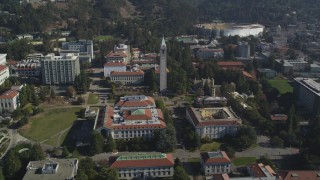 DFKSF08_009 - 5K aerial stock footage of circling Sather Tower and University of California Berkeley, Berkeley, California