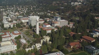 DFKSF08_011 - 5K aerial stock footage of passing by Sather Tower and University of California Berkeley, Berkeley, California