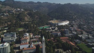 DFKSF08_016 - 5K aerial stock footage of flying by University of California Berkeley and stadium, California