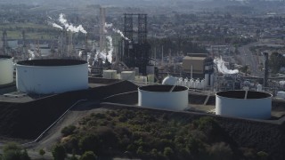 DFKSF08_027 - 5K aerial stock footage of flying by the ConocoPhillips Oil Refinery, Rodeo, California