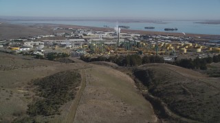 DFKSF08_046 - 5K aerial stock footage of approaching the Valero Oil Refinery, Benicia, California