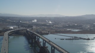 DFKSF08_059 - 5K aerial stock footage of flying by Benicia-Martinez Bridge near Shell Oil Refinery, Martinez, California