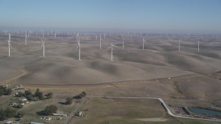 DFKSF08_071 - 5K aerial stock footage of approaching windmills at Shiloh Wind Power Plant, Montezuma Hills, California