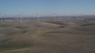 DFKSF08_073 - 5K stock footage aerial video of approaching the windmills at Shiloh Wind Power Plant, Montezuma Hills, California