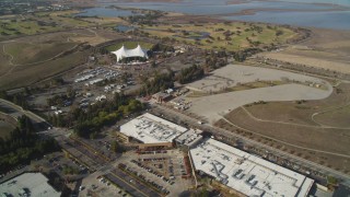 DFKSF11_012 - 5K aerial stock footage of flying by Shoreline Amphitheater and golf course, Mountain View, California