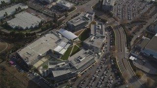 DFKSF11_021 - 5K aerial stock footage of orbiting Yahoo! Campus office buildings, Sunnyvale, California