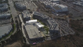 DFKSF11_022 - 5K aerial stock footage of an orbit of Yahoo! Campus office buildings, Sunnyvale, California