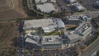 DFKSF11_025 - 5K stock footage aerial video tilt to reveal Yahoo! Campus office buildings, Sunnyvale, California