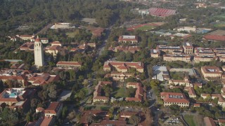 DFKSF12_022 - 5K aerial stock footage of orbiting Stanford University, revealing Hoover Tower, Stanford, California