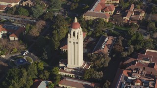 DFKSF12_025 - 5K stock footage aerial video of flying away from Hoover Tower at Stanford University, Stanford, California