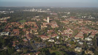 DFKSF12_028 - 5K stock footage aerial video tilt to reveal and approach Hoover Tower and Stanford University, Stanford, California