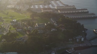 DFKSF13_032 - 5K aerial stock footage of approaching Fort Mason piers, Russian Hill, San Francisco, California