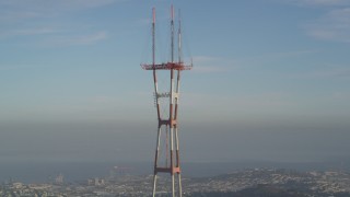 DFKSF13_044 - 5K aerial stock footage of orbiting the top of Sutro Tower in San Francisco, California
