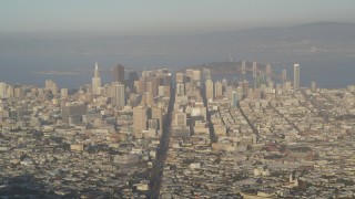 DFKSF13_047 - 5K aerial stock footage of skyscrapers and Market Street, seen from Sutro Tower, Downtown San Francisco, California