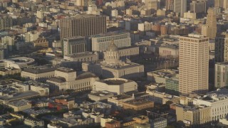DFKSF13_052 - 5K aerial stock footage of approaching San Francisco City Hall in Civic Center, San Francisco, California