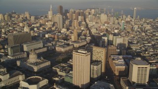 DFKSF13_053 - 5K aerial stock footage of panning from city hall to reveal skyscrapers in Downtown San Francisco, California