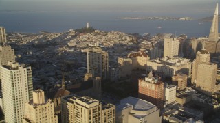 DFKSF13_056 - 5K aerial stock footage pan across Russian Hill and Nob Hill revealing Coit Tower in San Francisco, California