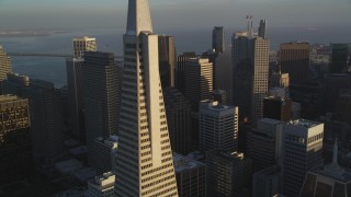 DFKSF13_058 - 5K aerial stock footage flyby skyscrapers and reveal the iconic Transamerica Pyramid, Downtown San Francisco, California
