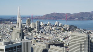DFKSF15_011 - 5K aerial stock footage of a view of Golden Gate Bridge from Downtown San Francisco, California