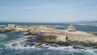 DFKSF15_104 - 5K stock footage aerial video of flying by abandoned buildings, seals and sea lions on Año Nuevo Island, California
