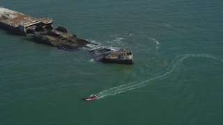 DFKSF15_145 - 5K aerial stock footage orbit the SS Palo Alto shipwreck, and tilt to reveal Seacliff State Beach, Aptos, California