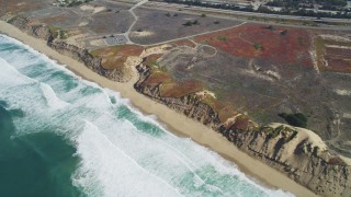 DFKSF15_151 - 5K stock footage aerial video flyby beach and sand dunes at Fort Ord Dunes State Park, Moss Landing, California