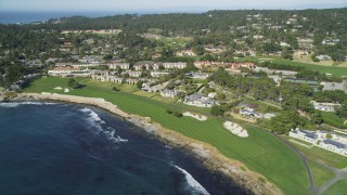 DFKSF16_028 - 5K aerial stock footage flyby Pebble Beach Resorts hotel and Pebble Beach Golf Links, Pebble Beach, California