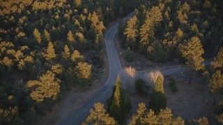 DFKSF17_045 - 5K aerial stock footage of following a road through forest, Los Padres National Forest, California, sunset