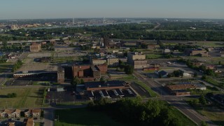 DX0001_000556 - 5.7K aerial stock footage of government buildings and hospital at sunrise, East St Louis, Illinois