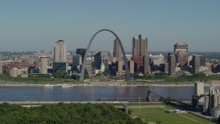 DX0001_000568 - 5.7K aerial stock footage reverse from the Arch and skyline, Downtown St. Louis, Missouri