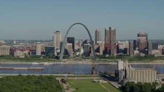 DX0001_000572 - 5.7K aerial stock footage of grain elevator, Arch and skyline, Downtown St. Louis, Missouri
