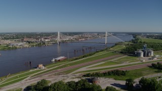 DX0001_000586 - 5.7K aerial stock footage of Stan Musial Veterans Bridge and grain center in St. Louis, Missouri