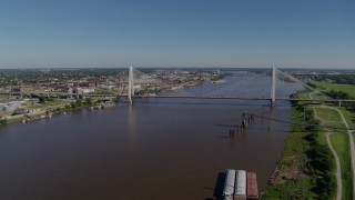DX0001_000587 - Aerial stock footage of 6K drone aerial of a cable-stayed bridge spanning a river, St. Louis, Missouri