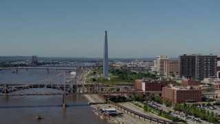 DX0001_000594 - 5.7K aerial stock footage of the Gateway Arch beside the river in Downtown St. Louis, Missouri