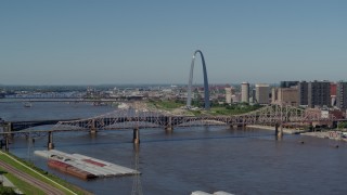 DX0001_000596 - 5.7K aerial stock footage of a view of the Gateway Arch across the river in Downtown St. Louis, Missouri, seen from East St. Louis