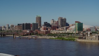 DX0001_000597 - 5.7K aerial stock footage of skyscrapers in Downtown St. Louis, Missouri, seen from the Mississippi River