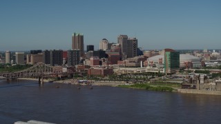 DX0001_000602 - 5.7K aerial stock footage of the Downtown St. Louis, Missouri skyline seen from the Mississippi River